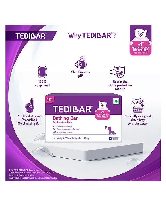 Torrent Pharma Tedibar Moisturising Baby Bathing Bar 100g (Pack of 1) with Skin Friendly pH 100 Percent Soap Free Prevents Dryness & Rashes Dermatologically Tested - By