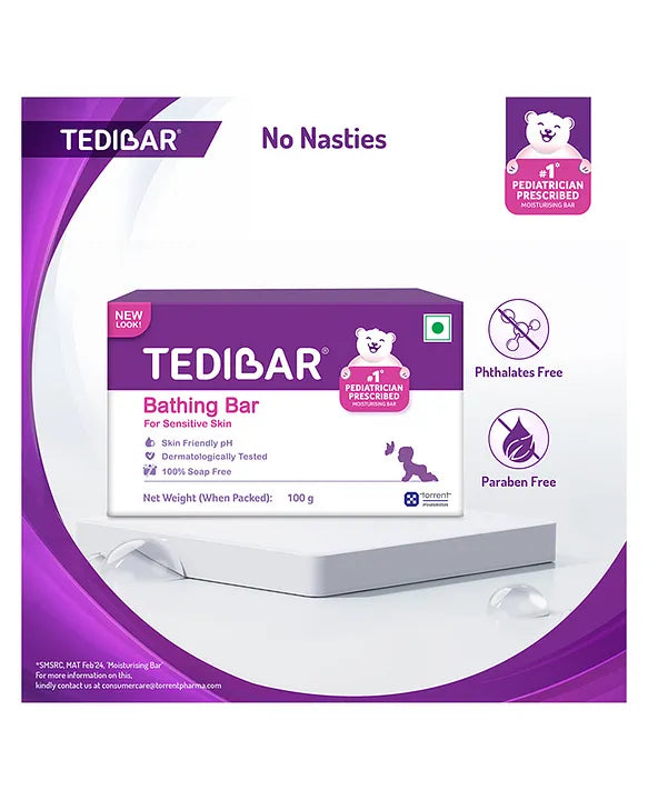 Torrent Pharma Tedibar Moisturising Baby Bathing Bar 100g (Pack of 1) with Skin Friendly pH 100 Percent Soap Free Prevents Dryness & Rashes Dermatologically Tested - By