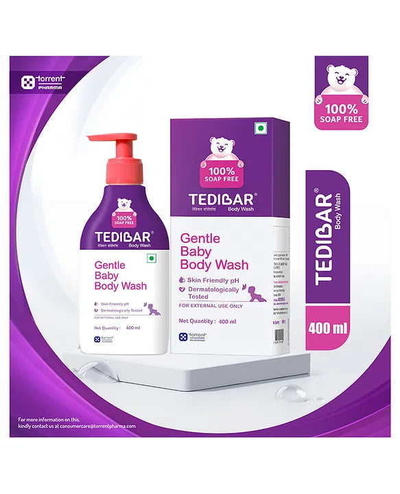 Torrent Pharma Tedibar Rich Moisturising Baby Body Wash 400ml with Skin Friendly PH | 100% Soap & Alkali Free | Prevents Dryness & Rashes | Dermatologically Test - By