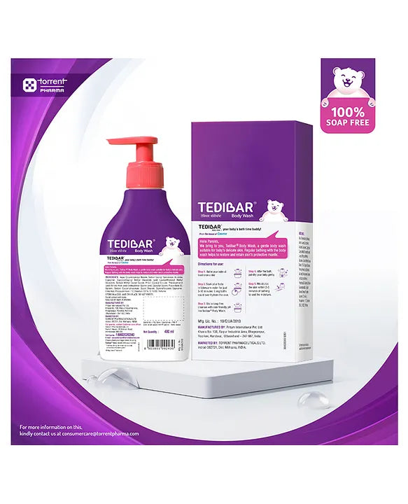 Torrent Pharma Tedibar Rich Moisturising Baby Body Wash 400ml with Skin Friendly PH | 100% Soap & Alkali Free | Prevents Dryness & Rashes | Dermatologically Test - By