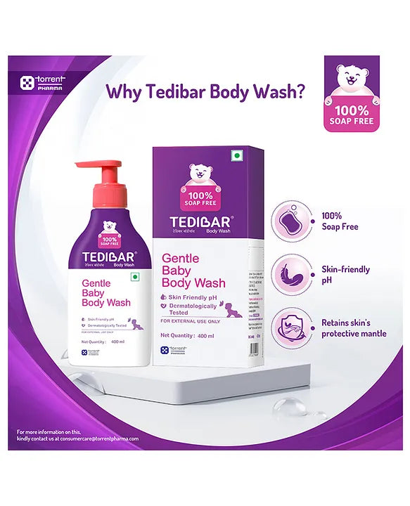 Torrent Pharma Tedibar Rich Moisturising Baby Body Wash 400ml with Skin Friendly PH | 100% Soap & Alkali Free | Prevents Dryness & Rashes | Dermatologically Test - By