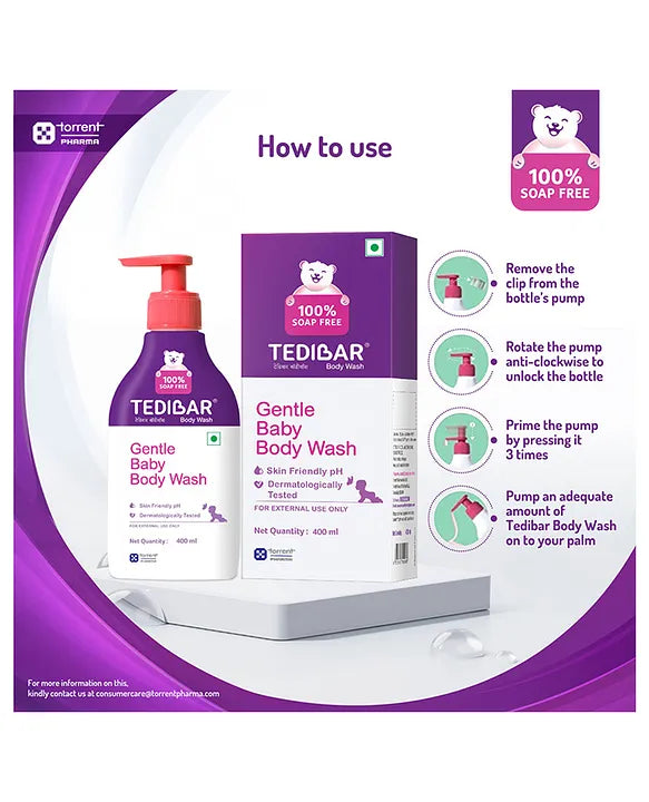 Torrent Pharma Tedibar Rich Moisturising Baby Body Wash 400ml with Skin Friendly PH | 100% Soap & Alkali Free | Prevents Dryness & Rashes | Dermatologically Test - By