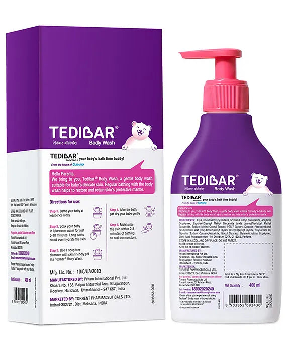 Torrent Pharma Tedibar Rich Moisturising Baby Body Wash 400ml with Skin Friendly PH | 100% Soap & Alkali Free | Prevents Dryness & Rashes | Dermatologically Test - By