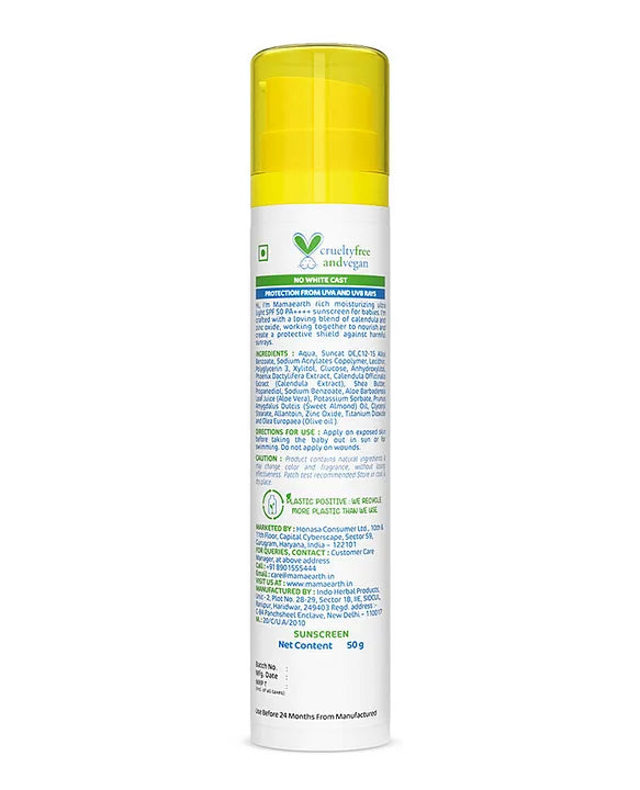 Mamaearth Baby Rich Moisturizing Ultra Light Sunscreen Water Resistant  Lightweight & Moisturizing with SPF 50 & PA - 50 g