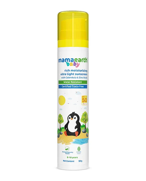 Mamaearth Baby Rich Moisturizing Ultra Light Sunscreen Water Resistant  Lightweight & Moisturizing with SPF 50 & PA - 50 g