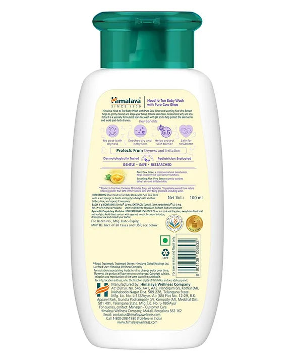 Himalaya Babycare Ghee Himalaya Head To Toe Baby Wash With Pure Cow Ghee 100 ml|pH5.5|For Sensitive Baby Skin from Day 1|Soap Free|No Tears|Newborn Safe|No Parabens|No Sulfates|Dermatologically Tested|Aloe Vera