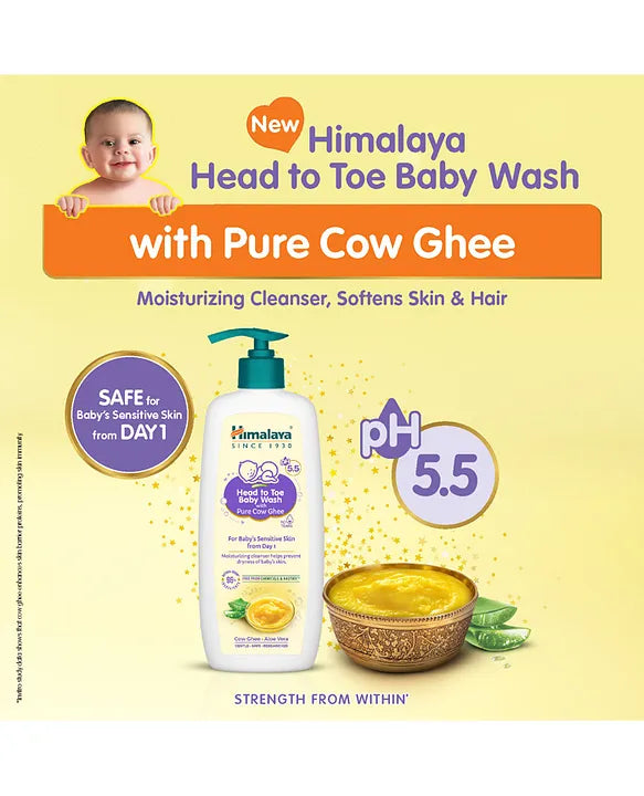 Himalaya Babycare Ghee Himalaya Head To Toe Baby Wash With Pure Cow Ghee 100 ml|pH5.5|For Sensitive Baby Skin from Day 1|Soap Free|No Tears|Newborn Safe|No Parabens|No Sulfates|Dermatologically Tested|Aloe Vera