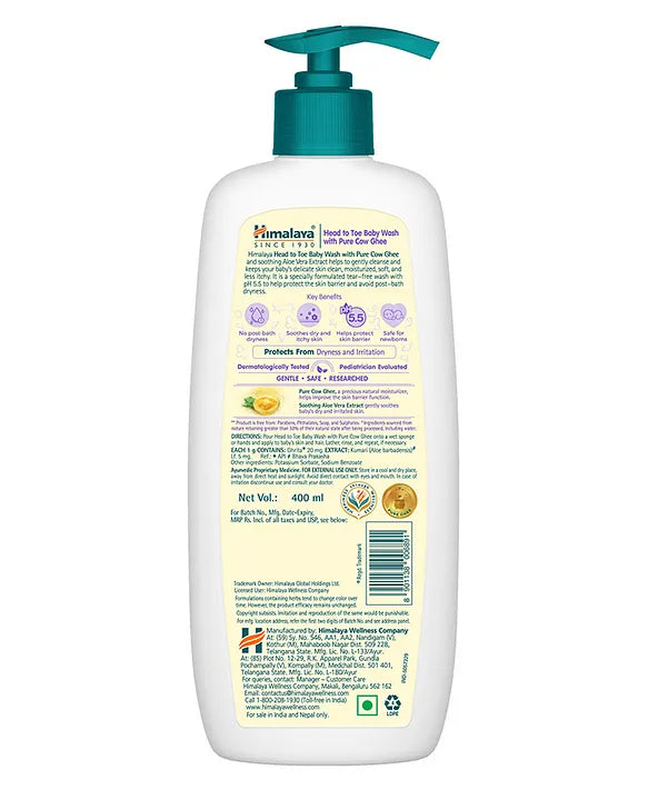 Himalaya Babycare Ghee Himalaya Head To Toe Baby Wash With Pure Cow Ghee 400 ml |pH5.5|For Sensitive Baby Skin from Day 1|Soap Free|No Tears|Newborn Safe|No Parabens|No Sulfates|Dermatologically Tested|Aloe Vera