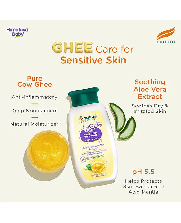 Himalaya Babycare Ghee Himalaya Head To Toe Baby Wash With Pure Cow Ghee 400 ml |pH5.5|For Sensitive Baby Skin from Day 1|Soap Free|No Tears|Newborn Safe|No Parabens|No Sulfates|Dermatologically Tested|Aloe Vera