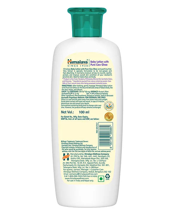 Himalaya Babycare Ghee Himalaya Baby Lotion with Pure Cow Ghee 100ml|pH 5.5|For Sensitive Baby Skin from Day 1|Upto 24-hr Moisture|Dermatologically Tested|Safe for Newborns|Aloe Vera