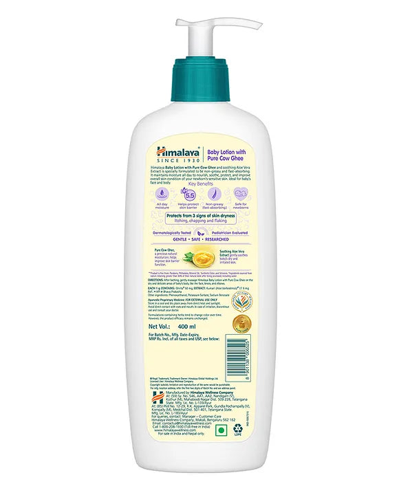 Himalaya Babycare Ghee Himalaya Baby Lotion with Pure Cow Ghee 400ml|pH 5.5|For Sensitive Baby Skin from Day 1|Upto 24-hr Moisture|Dermatologically Tested|Safe for Newborns|Aloe Vera