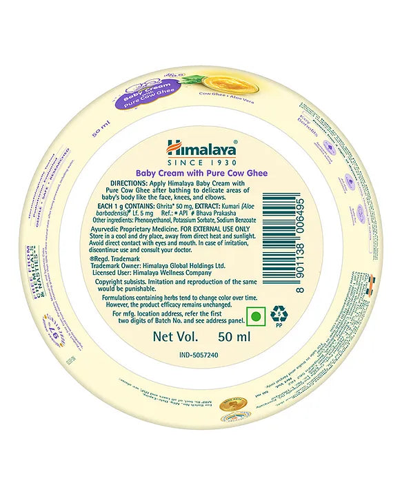 Himalaya Babycare Ghee Himalaya Baby Cream with Pure Cow Ghee 50 ml|pH 5.5|For Sensitive Baby Skin from Day 1|Upto 24-hr Moisture|Dermatologically Tested|Safe for Newborns|Aloe Vera