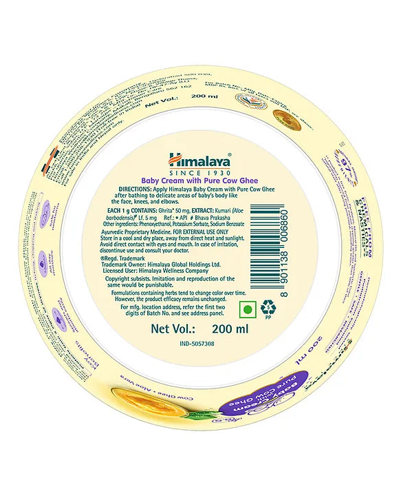 Himalaya Babycare Ghee Himalaya Baby Cream with Pure Cow Ghee 200 ml|pH 5.5|For Sensitive Baby Skin from Day 1|Upto 24-hr Moisture|Dermatologically Tested|Safe for Newborns|Aloe Vera