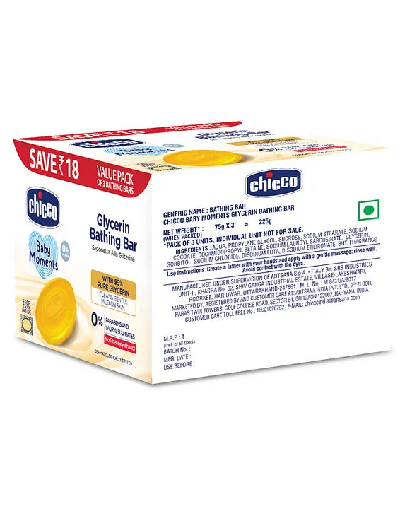 Chicco Baby Moments Glycerin Bathing Bar Pack of 3 - 75 g each