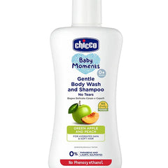 Chicco Baby Moments Gentle Bodywash & Shampoo with Green Apple & Peach Dermatologically Tested Parabens & Phenoxyethanol Free - 200 ml