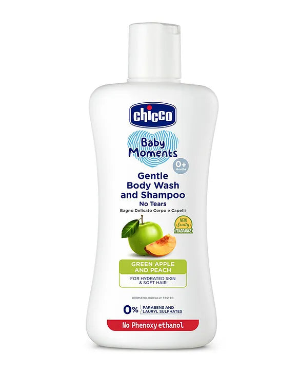 Chicco Baby Moments Gentle Bodywash & Shampoo with Green Apple & Peach Dermatologically Tested Parabens & Phenoxyethanol Free - 200 ml