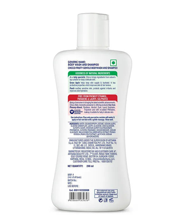 Chicco Baby Moments Gentle Bodywash & Shampoo with Green Apple & Peach Dermatologically Tested Parabens & Phenoxyethanol Free - 200 ml