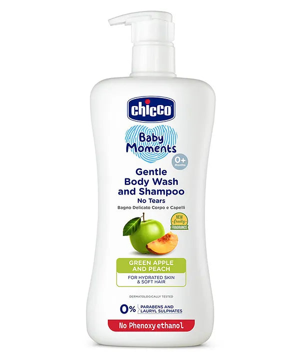 Chicco Baby Moments Gentle Bodywash & Shampoo with Green Apple & Peach Dermatologically Tested Parabens & Phenoxyethanol Free - 500 ml