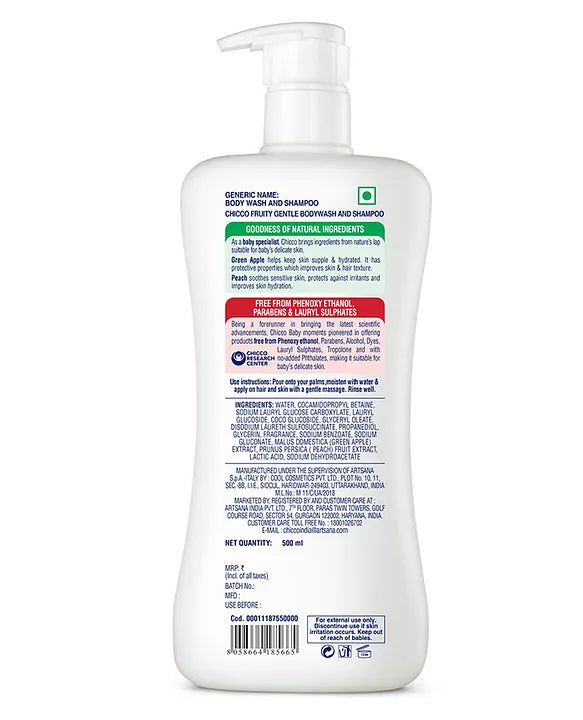 Chicco Baby Moments Gentle Bodywash & Shampoo with Green Apple & Peach Dermatologically Tested Parabens & Phenoxyethanol Free - 500 ml