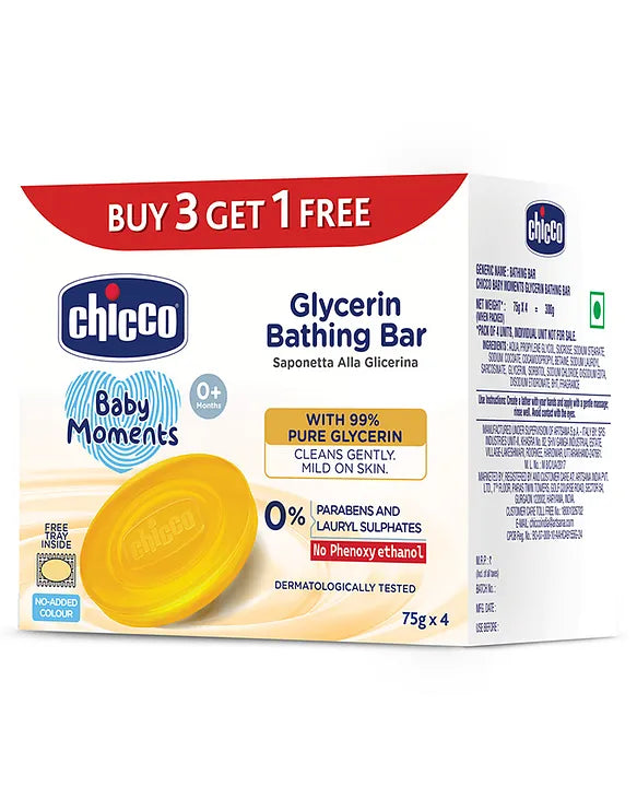 Chicco Baby Moments Glycerin Bathing Bar Pack of 4  - 75 g each