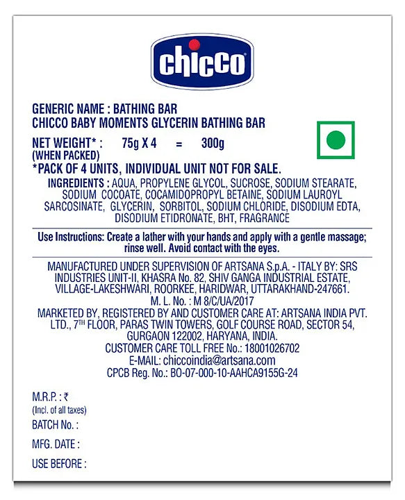 Chicco Baby Moments Glycerin Bathing Bar Pack of 4  - 75 g each