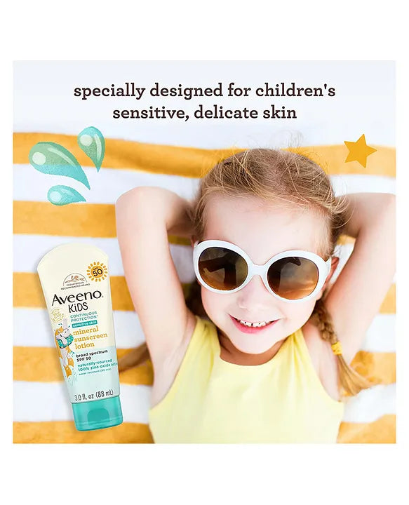Aveeno Baby Sunscreen Aveeno Kids Continuous Protection Zinc Oxide Mineral Sunscreen Lotion for Sensitive Skin with SPF 50 - 88 ml