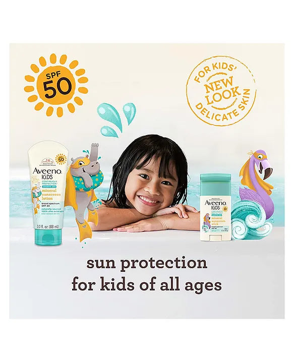Aveeno Baby Sunscreen Aveeno Kids Continuous Protection Zinc Oxide Mineral Sunscreen Lotion for Sensitive Skin with SPF 50 - 88 ml