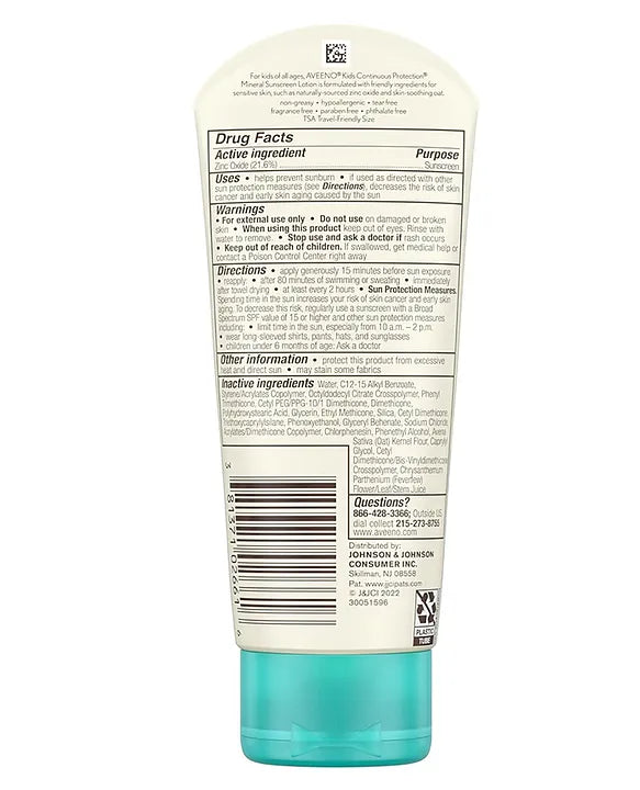 Aveeno Baby Sunscreen Aveeno Kids Continuous Protection Zinc Oxide Mineral Sunscreen Lotion for Sensitive Skin with SPF 50 - 88 ml