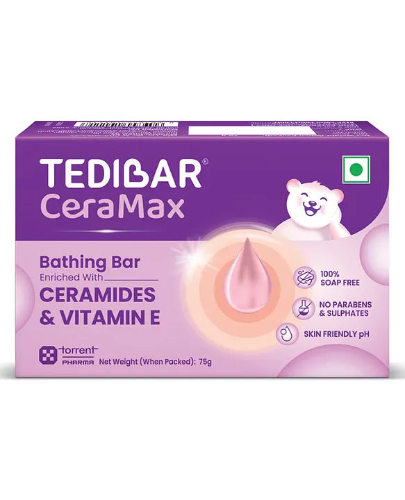 Torrent Pharma Tedibar Ceramax Bathing Bar 75g(Pack of 1) enriched with Ceramides & Vitamin E | Allantoin | 100% Soap Free | Skin Friendly Ph - By