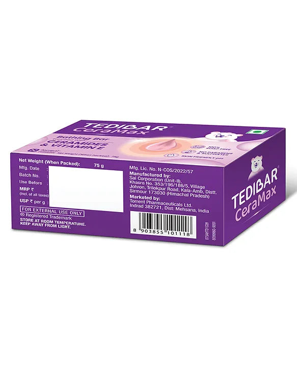 Torrent Pharma Tedibar Ceramax Bathing Bar 75g(Pack of 1) enriched with Ceramides & Vitamin E | Allantoin | 100% Soap Free | Skin Friendly Ph - By