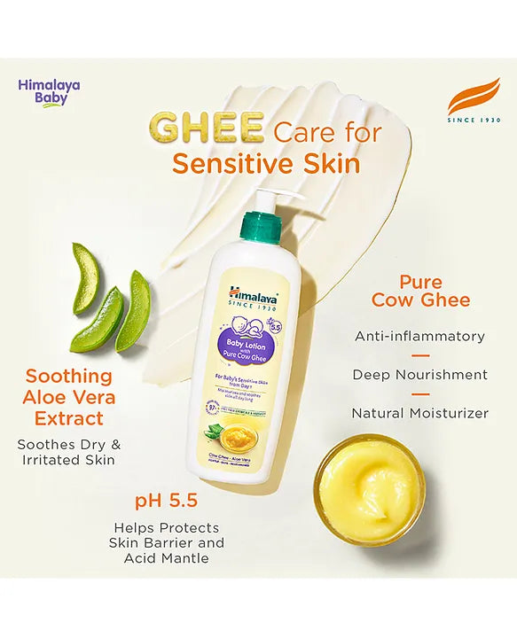 Himalaya Babycare Ghee Himalaya Baby Lotion with Pure Cow Ghee 200ml|pH 5.5|For Sensitive Baby Skin from Day 1|Upto 24-hr Moisture|Dermatologically Tested|Safe for Newborns|Aloe Vera
