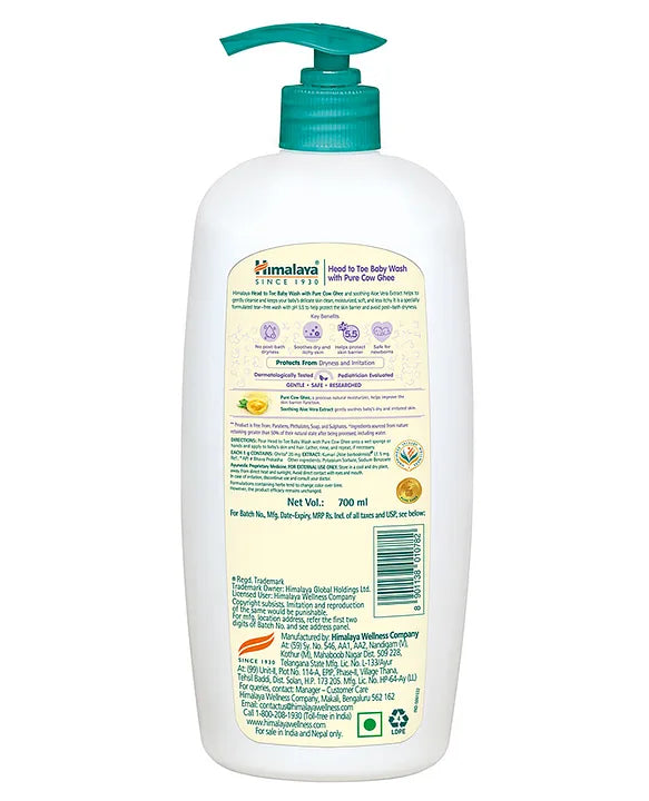 Himalaya Babycare Ghee Himalaya Head To Toe Baby Wash With Pure Cow Ghee 700 ml|pH5.5|For Sensitive Baby Skin from Day 1|Soap Free|No Tears|Newborn Safe|No Parabens|No Sulfates|Dermatologically Tested|Aloe Vera