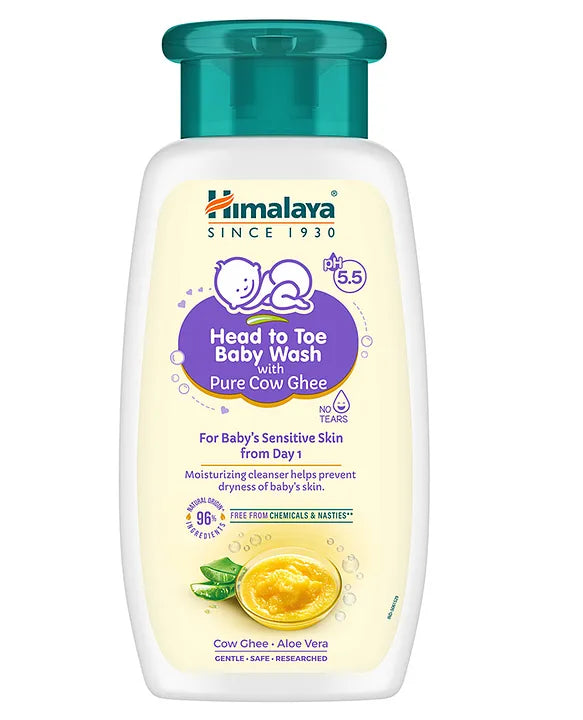Himalaya Babycare Ghee Himalaya Head To Toe Baby Wash With Pure Cow Ghee 200 ml|pH5.5|For Sensitive Baby Skin from Day 1|Soap Free|No Tears|Newborn Safe|No Parabens|No Sulfates|Dermatologically Tested|Aloe Vera