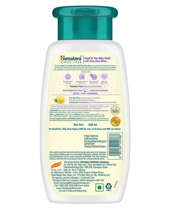 Himalaya Babycare Ghee Himalaya Head To Toe Baby Wash With Pure Cow Ghee 200 ml|pH5.5|For Sensitive Baby Skin from Day 1|Soap Free|No Tears|Newborn Safe|No Parabens|No Sulfates|Dermatologically Tested|Aloe Vera