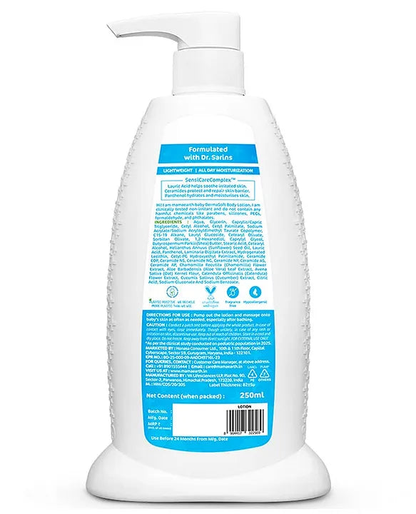 Mamaearth Baby DermaSoft Body Lotion with SensiCareComplex for Baby's Sensitive Skin Co-created with Dermatologists | Safe and Non-irritant formula | Fragrance Free - 250 ml