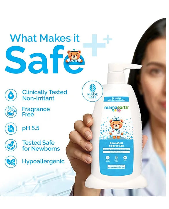 Mamaearth Baby DermaSoft Body Lotion with SensiCareComplex for Baby's Sensitive Skin Co-created with Dermatologists | Safe and Non-irritant formula | Fragrance Free - 250 ml