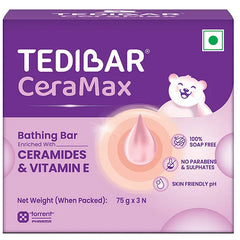 Torrent Pharma Tedibar Ceramax Bathing Bar | Enriched with Ceramides & Vitamin E | 100% Soap Free | Skin friendly pH Pack of 3 - 75 g Each