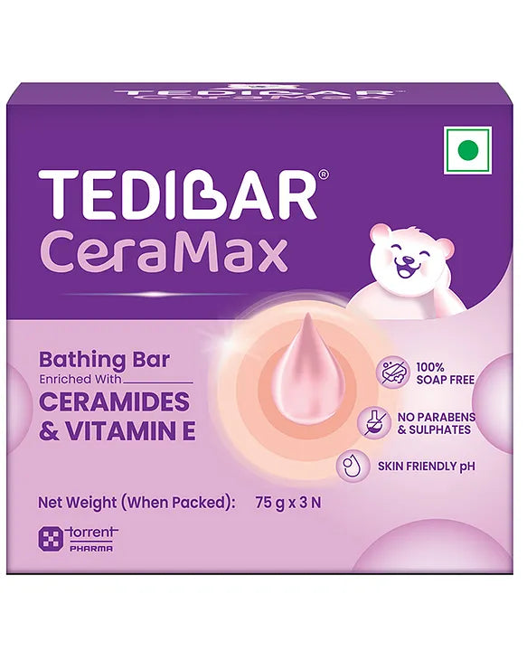Torrent Pharma Tedibar Ceramax Bathing Bar | Enriched with Ceramides & Vitamin E | 100% Soap Free | Skin friendly pH Pack of 3 - 75 g Each