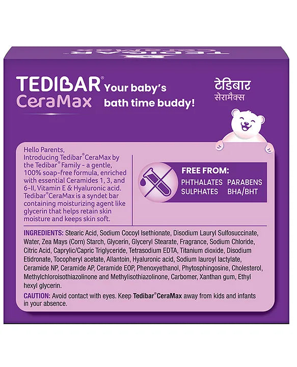 Torrent Pharma Tedibar Ceramax Bathing Bar | Enriched with Ceramides & Vitamin E | 100% Soap Free | Skin friendly pH Pack of 3 - 75 g Each