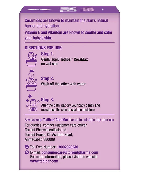 Torrent Pharma Tedibar Ceramax Bathing Bar | Enriched with Ceramides & Vitamin E | 100% Soap Free | Skin friendly pH Pack of 3 - 75 g Each