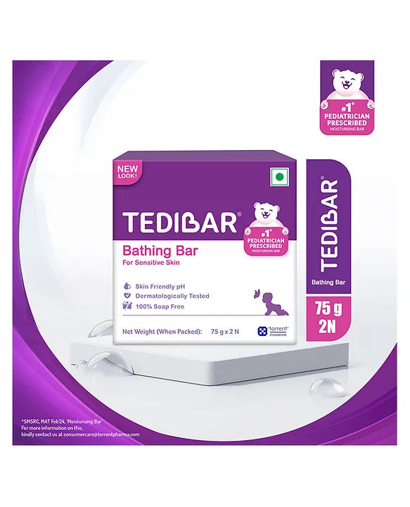 Torrent Pharma Tedibar Moisturising Baby Bathing Bar 75g x 2 (Pack of 1) 100% Soap Free No. 1* Paediatrician Prescribed Moisturising Bar - By