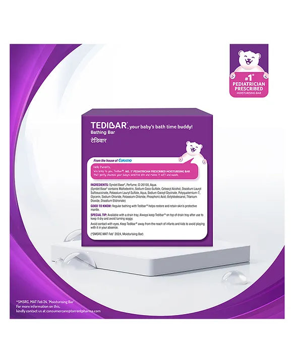 Torrent Pharma Tedibar Moisturising Baby Bathing Bar 75g x 2 (Pack of 1) 100% Soap Free No. 1* Paediatrician Prescribed Moisturising Bar - By