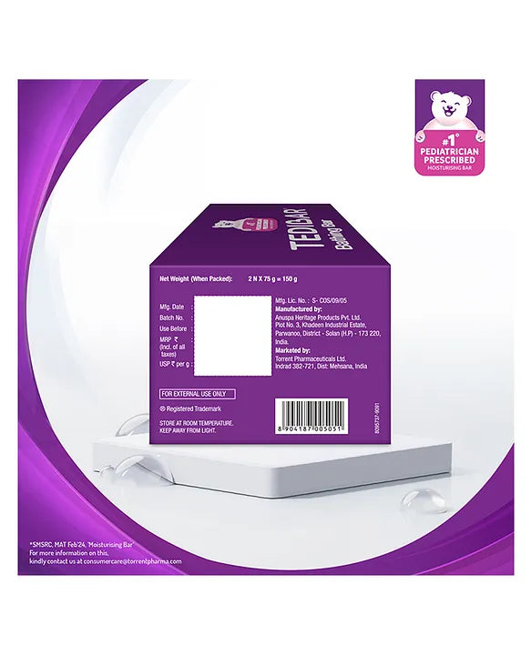 Torrent Pharma Tedibar Moisturising Baby Bathing Bar 75g x 2 (Pack of 1) 100% Soap Free No. 1* Paediatrician Prescribed Moisturising Bar - By