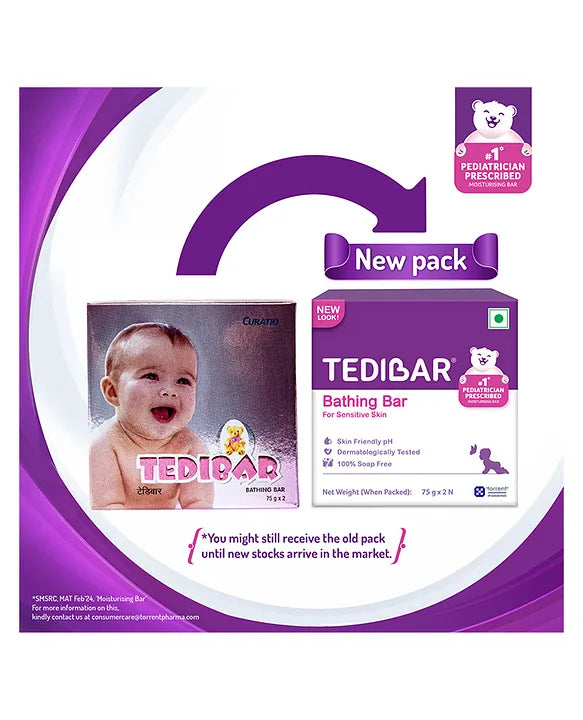 Torrent Pharma Tedibar Moisturising Baby Bathing Bar 75g x 2 (Pack of 1) 100% Soap Free No. 1* Paediatrician Prescribed Moisturising Bar - By