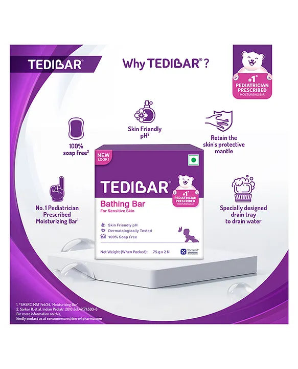 Torrent Pharma Tedibar Moisturising Baby Bathing Bar 75g x 2 (Pack of 1) 100% Soap Free No. 1* Paediatrician Prescribed Moisturising Bar - By