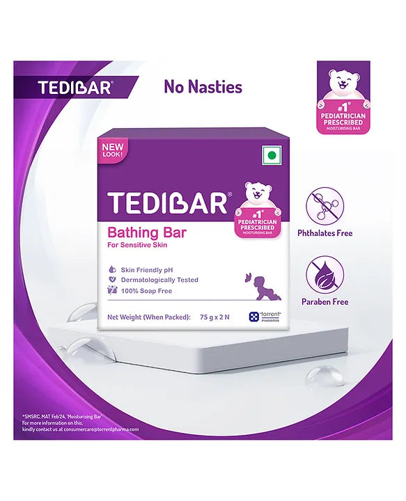 Torrent Pharma Tedibar Moisturising Baby Bathing Bar 75g x 2 (Pack of 1) 100% Soap Free No. 1* Paediatrician Prescribed Moisturising Bar - By