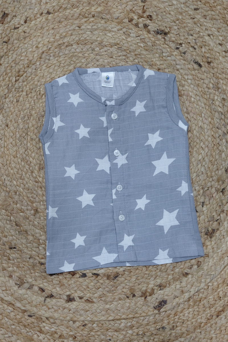 1 Pc Sleeveless 120 GSM Checkered Muslin Jhabla Vest - Born Star Grey