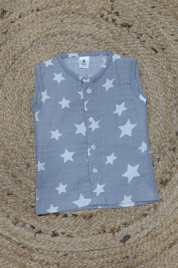 1 Pc Sleeveless 120 GSM Checkered Muslin Jhabla Vest - Born Star Grey