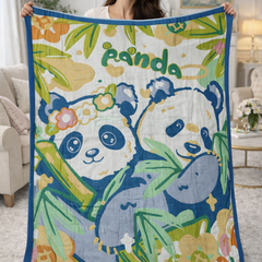 Lightweight Soft Plush Velvet Fleece 2 way Printed Blanket for 1 -7 Year Olds - 2 Pandas