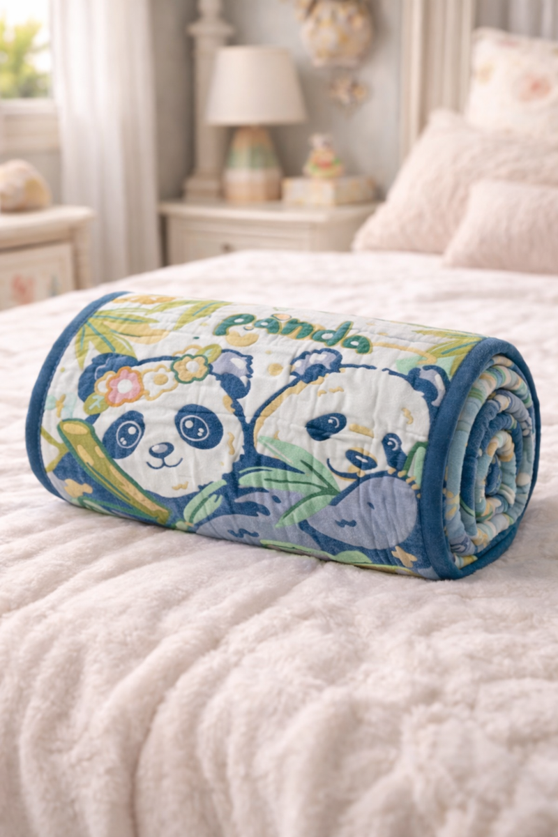 Lightweight Soft Plush Velvet Fleece 2 way Printed Blanket for 1 -7 Year Olds - 2 Pandas